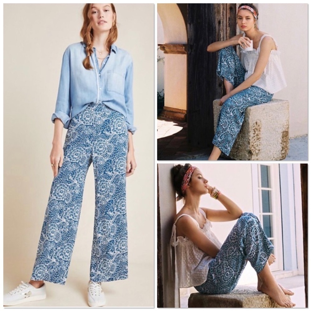 Maeve blue motif viscose palazzo pants with pockets